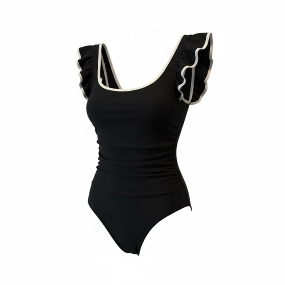 Black One-Piece Swimsuit with Ruffle Sleeves & Bow Back